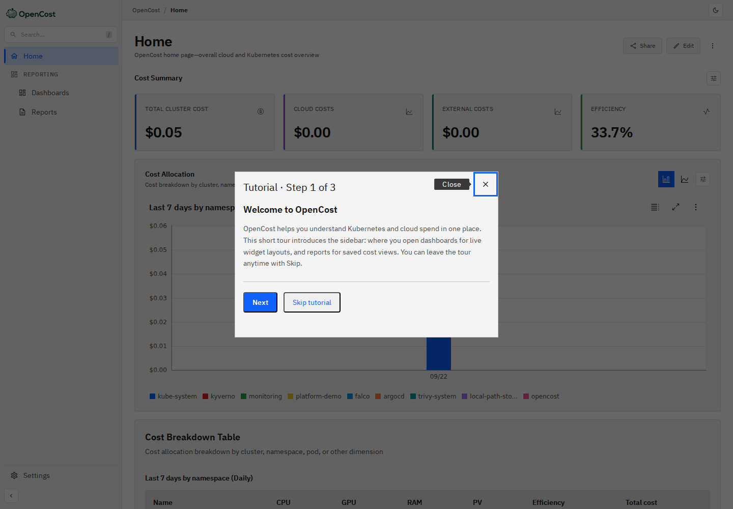 OpenCost local runtime